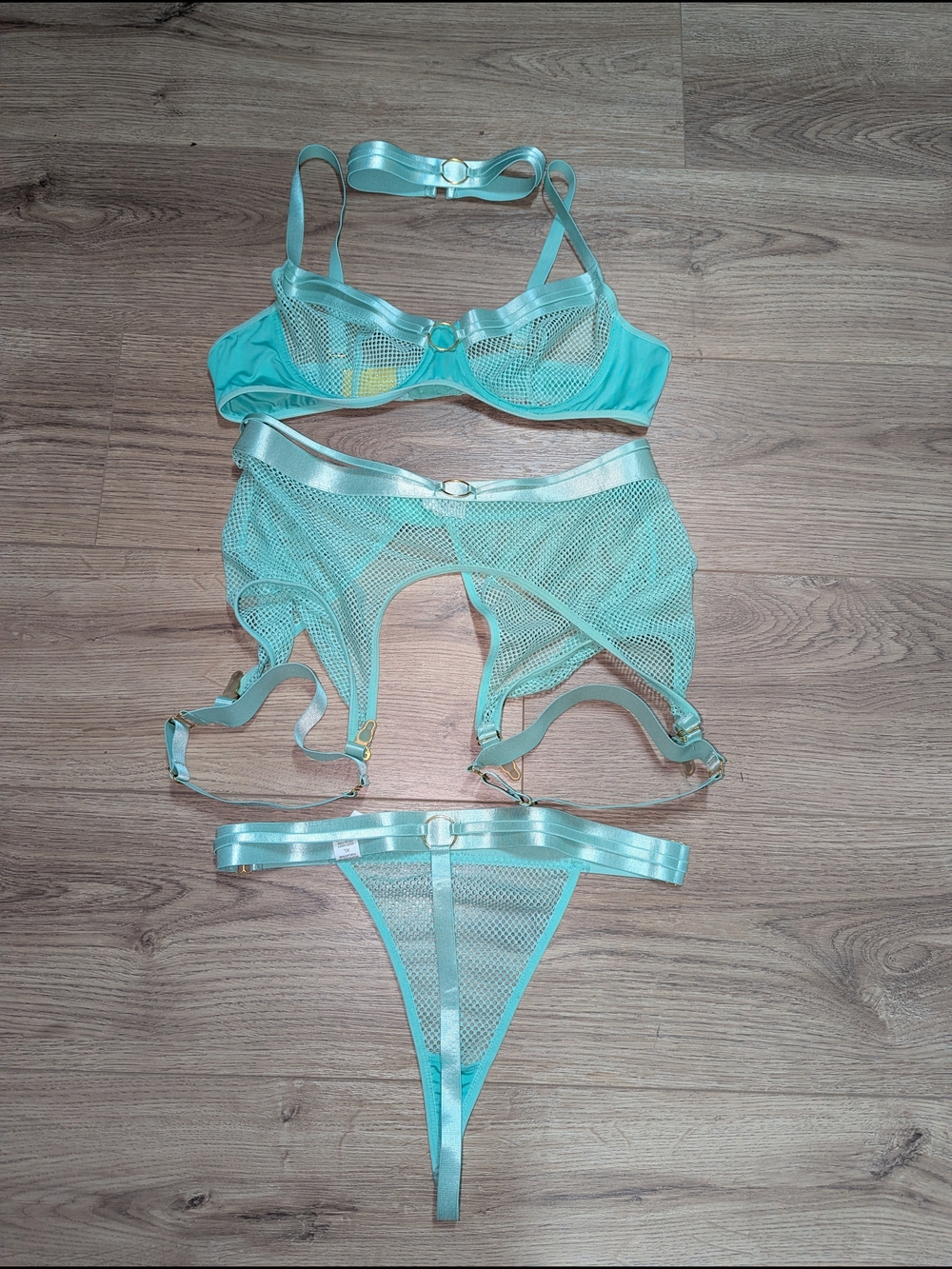 ROMWE Aqua Mesh 3-Piece Lingerie Set